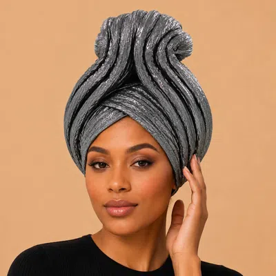 Fashnzfab Metallic Pleated Turban Hair Wrap In Gray
