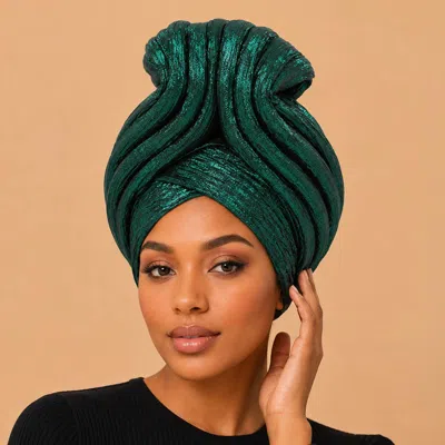 Fashnzfab Metallic Pleated Turban Hair Wrap In Green