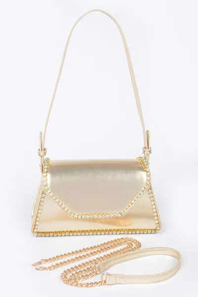 Fashnzfab Metallic Pu Flap Bag W/rhinestone In Gold