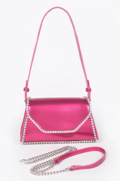 Fashnzfab Metallic Pu Flap Bag W/rhinestone In Pink
