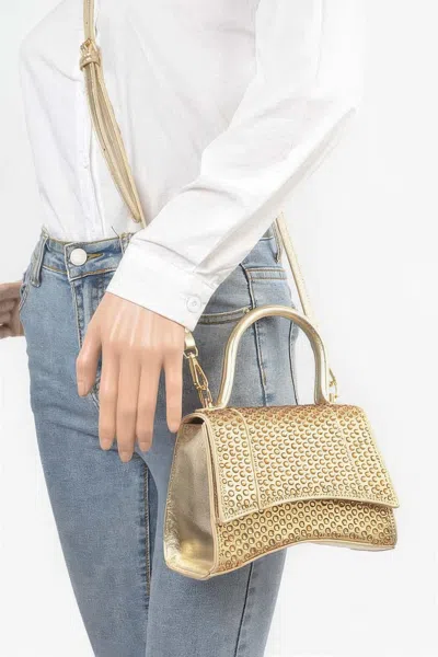 Fashnzfab Metallic Rhinestone Hotfix Top Handle Flap Bag In Gold