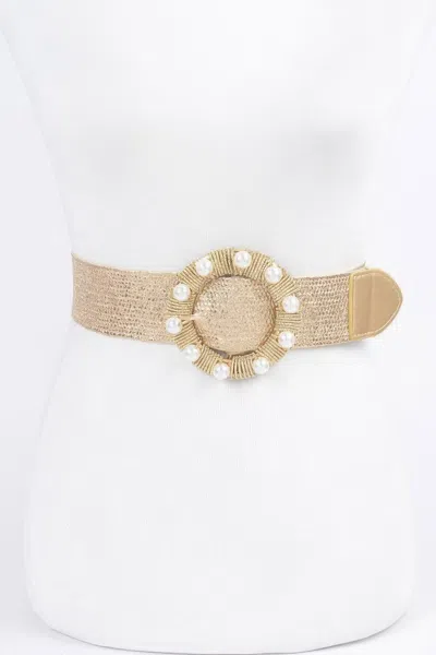 Fashnzfab Metallic Stretch Plus Size Belt Pearl Metal Bucklt In Gold