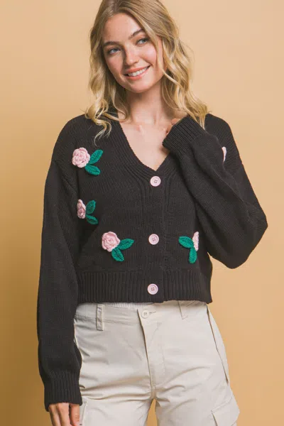 Fashnzfab Mid Cropped Flower Cardigan In Black