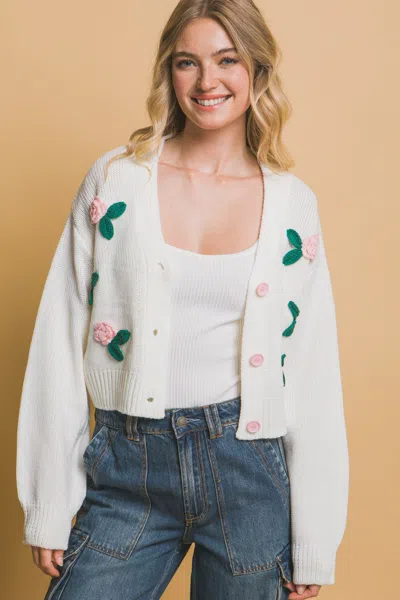 Fashnzfab Mid Cropped Flower Cardigan In White