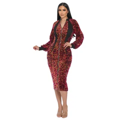 Fashnzfab Midi 2 Way Zip Up Sequin Contrast Dress In Multi