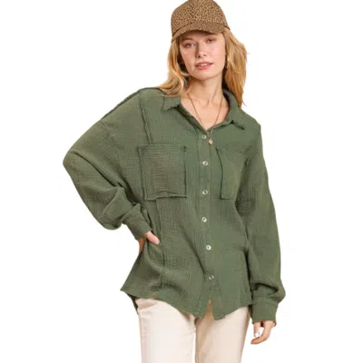 Fashnzfab Mineral Wash Button Down Top With High Low Hem In Green