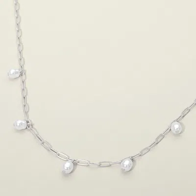 Fashnzfab Minimal Pearl Bead Charm Station Paperclip Chain Necklace In White