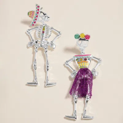 Fashnzfab Mismatched Day Of The Dead Halloween Skeleton Earrings In Silver