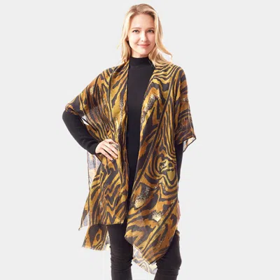 Fashnzfab Mixed Animal Printed Gold Foil Accented Ruana Poncho