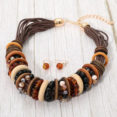 Fashnzfab Mixed Charm Beaded Multi Layered Thread Strand Statement Necklace - Brown, Gold