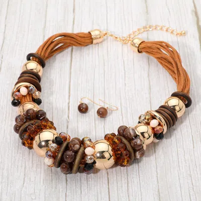 Fashnzfab Mixed Charm Beaded Multi Layered Thread Strand Statement Necklace - Brown, Gold