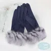 Fashnzfab Mixed Color Faux Fur Cuff Smart Touch Gloves In Blue