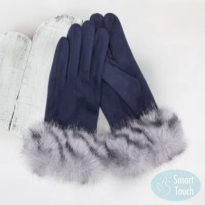 Fashnzfab Mixed Color Faux Fur Cuff Smart Touch Gloves In Blue