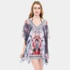 Fashnzfab Mixed Print Rhinestone Studded Topper Cover Up Poncho In Gray