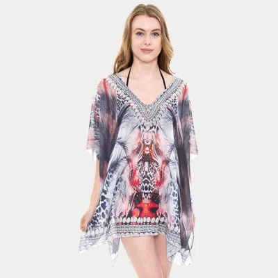 Fashnzfab Mixed Print Rhinestone Studded Topper Cover Up Poncho In Gray