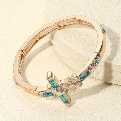 Fashnzfab Mixed Stone Cross Accent Stretch Bracelet Blue, Gold In Multi