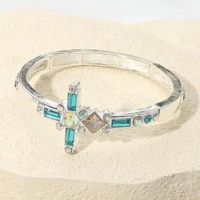 Fashnzfab Mixed Stone Cross Accent Stretch Bracelet Blue, Silver In Multi