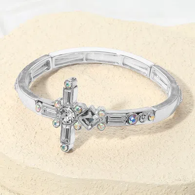 Fashnzfab Mixed Stone Cross Accent Stretch Bracelet Clear, Silver In Multi