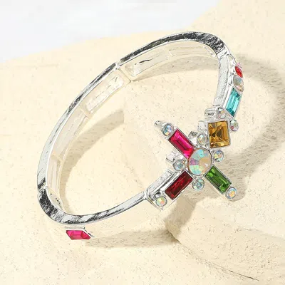 Fashnzfab Mixed Stone Cross Accent Stretch Bracelet Multi, Silver