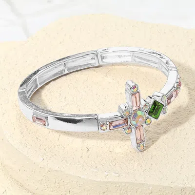 Fashnzfab Mixed Stone Cross Accent Stretch Bracelet Pink, Silver In Multi
