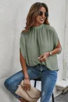 Fashnzfab Mock Neck Batwing Sleeve Solid Loose Blouse
