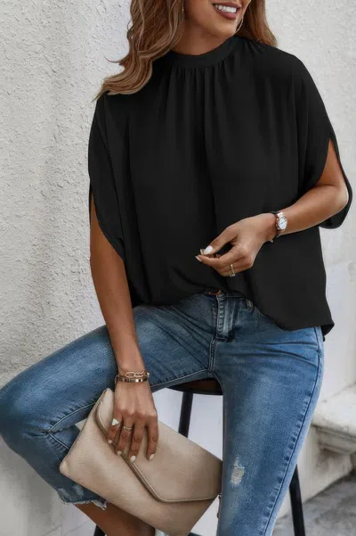 Fashnzfab Mock Neck Batwing Sleeve Solid Loose Blouse In Black