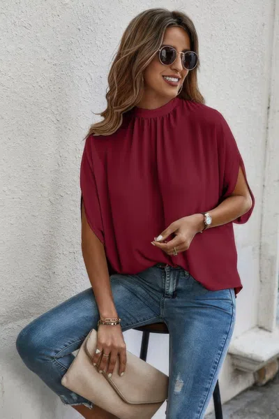 Fashnzfab Mock Neck Batwing Sleeve Solid Loose Blouse In Red