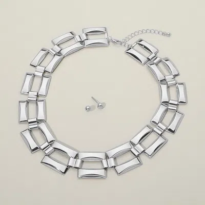 Fashnzfab Modern Geometric Link Statement Necklace In Silver