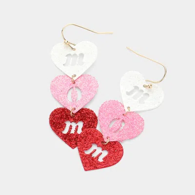 Fashnzfab Mom Cutout Glitter Metal Heart Link Dropdown Earrings In Pink