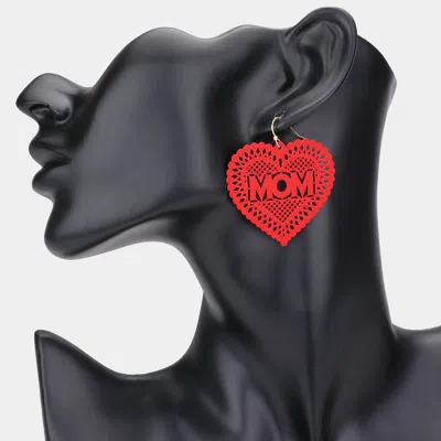 Fashnzfab Mom Message Colored Brass Metal Heart Dangle Earrings In Red