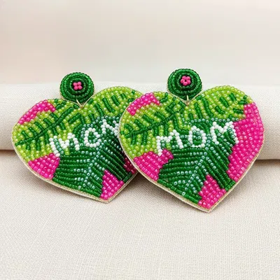 Fashnzfab Mom Message Felt Back Seed Beaded Leaf Detailed Heart Dangle Earrings In Green
