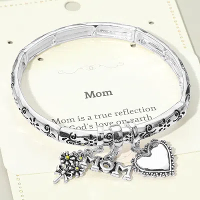 Fashnzfab Mom Message Heart Flower Charm Stretch Bracelet In Silver