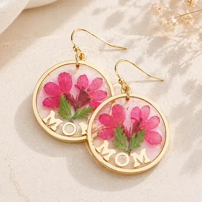 Fashnzfab Mom Pressed Flower Clear Lucite Round Dangle Earrings 1" X 1.6" In Gold