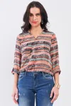 Fashnzfab Mono B Cutout Johnny Collar Three-quarter Sleeve Blouse In Multi