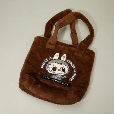 Fashnzfab Monster Bunny Character Embroidered Faux Fur Plush Tote Bag In Brown