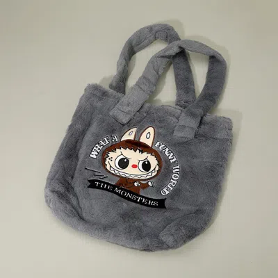 Fashnzfab Monster Bunny Character Embroidered Faux Fur Plush Tote Bag In Gray