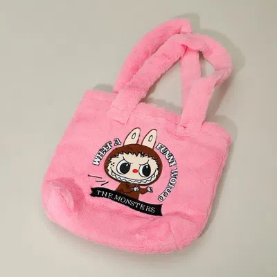 Fashnzfab Monster Bunny Character Embroidered Faux Fur Plush Tote Bag In Pink
