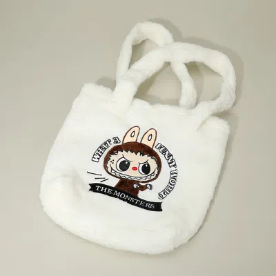 Fashnzfab Monster Bunny Character Embroidered Faux Fur Plush Tote Bag In White