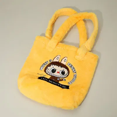Fashnzfab Monster Bunny Character Embroidered Faux Fur Plush Tote Bag In Yellow