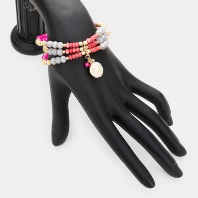 Fashnzfab Mother Of Pearl Accented Beaded Stretch Bracelet Fuchsia In Pink