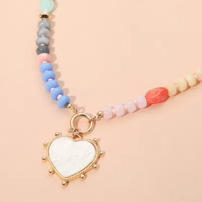 Fashnzfab Mother Of Pearl Beaded Heart Charm Pendant Colorful Beaded Chain Necklace In Multi