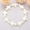 Fashnzfab Mother Of Pearl Cross Beaded Stretch Bracelet Gold, Mother Of Pearl In White