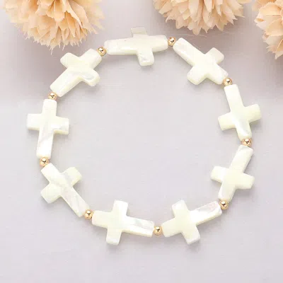 Fashnzfab Mother Of Pearl Cross Beaded Stretch Bracelet Gold, Mother Of Pearl In White
