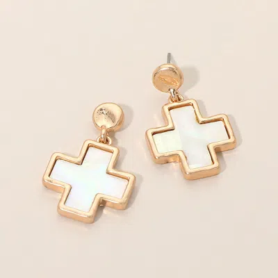 Fashnzfab Mother Of Pearl Cross Charm Drop Dangle Earrings In Gold