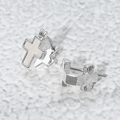 Fashnzfab Mother Of Pearl Cross Stud Pin Catch Earrings - Mother Of Pearl, Silver In Metallic