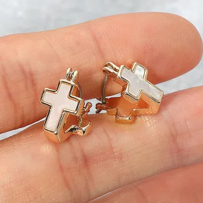 Fashnzfab Mother Of Pearl Cross Stud Pin Catch Earrings In Gold