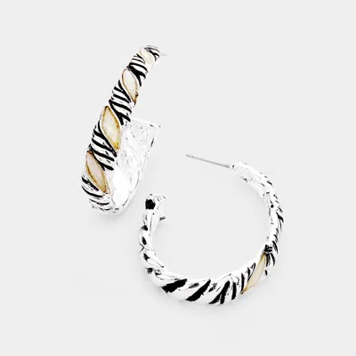 Fashnzfab Mother Of Pearl Detailed Open Hoop Earrings - Antique Silver, Mother Of Pearl In Metallic