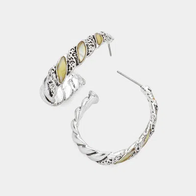 Fashnzfab Mother Of Pearl Detailed Open Hoop Earrings - Antique Silver, Mother Of Pearl In Metallic
