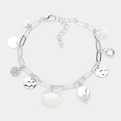 Fashnzfab Mother Of Pearl Disc Metal Disc Charm Paperclip Chain Bracelet Cream, Mother Of Pearl, Rhodium In Multi