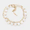 Fashnzfab Mother Of Pearl Disc Station Paperclip Metal Chain Layered Bracelet Gold, Mother Of Pearl In Multi
